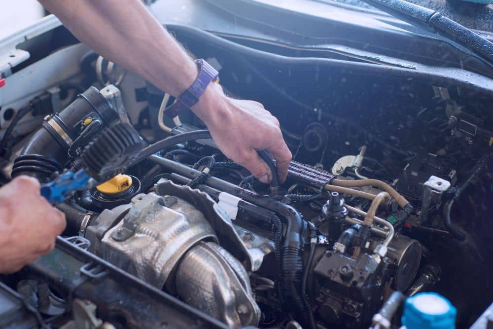 Mechanic performing general auto repair on an engine, emphasizing vehicle maintenance and performance.