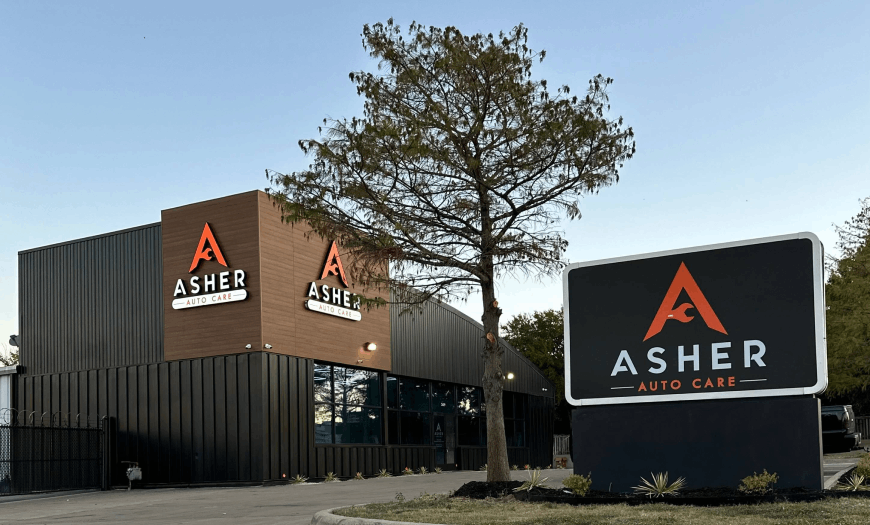 Asher Auto Care building exterior with prominent signage, showcasing quality auto repair services in Dallas, TX.